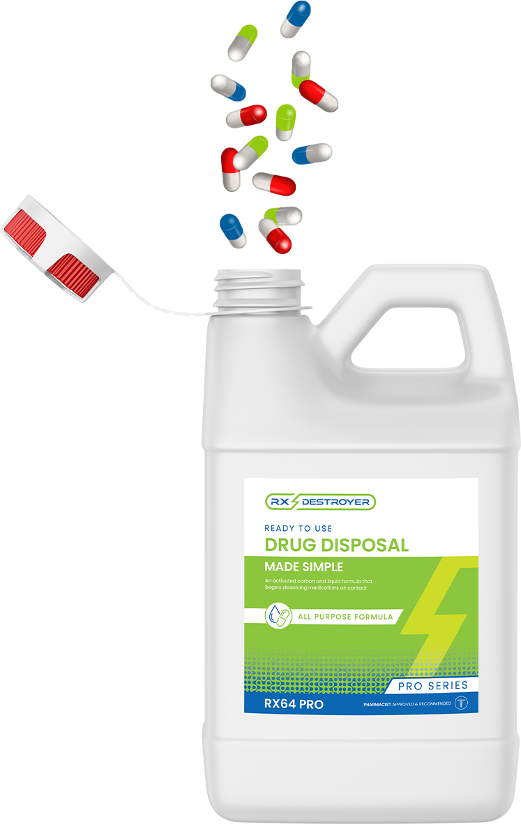 Colorful medication capsules and pills over Rx Destroyer disposal bottle