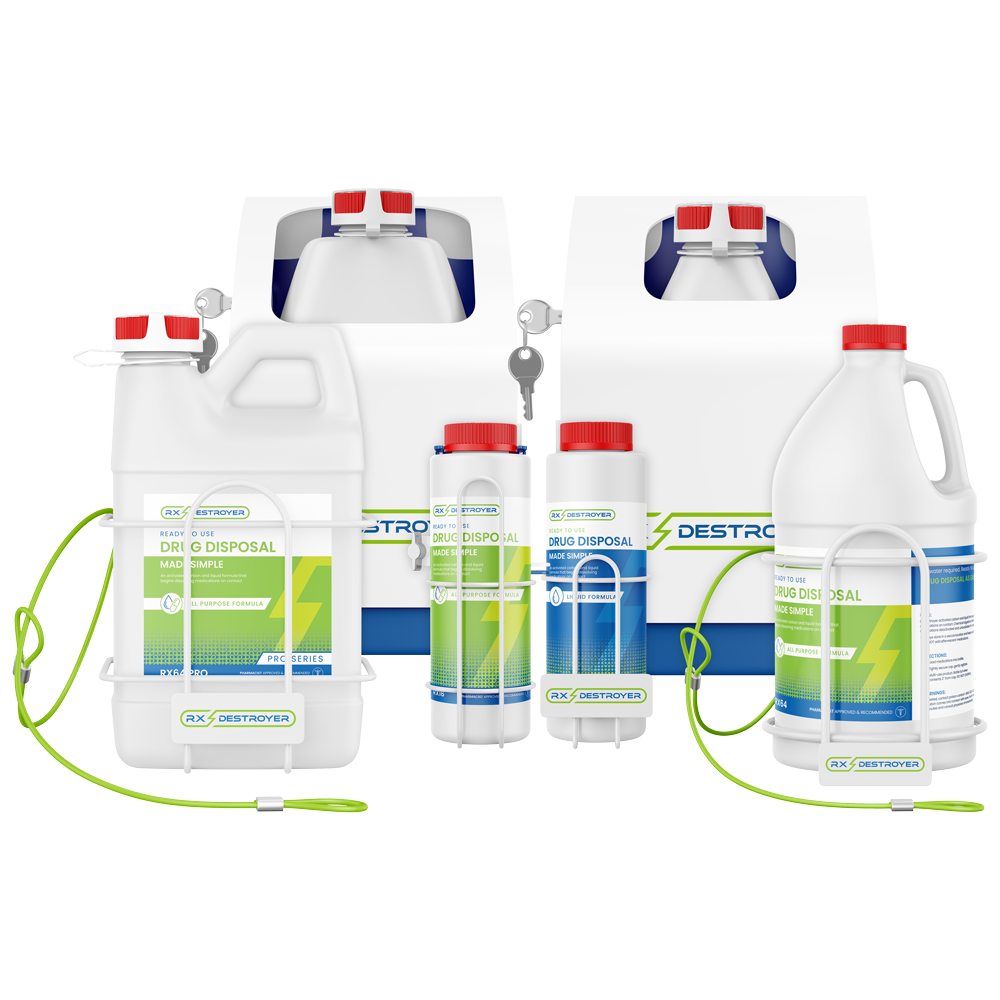 Assorted Rx Destroyer bottles and containers for various applications