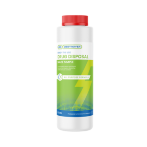 Rx Destroyer all-purpose drug disposal bottle with green and blue labeling