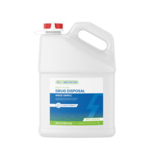 Rx Destroyer 1-gallon liquid container with red cap and white label