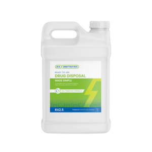 Rx Destroyer 2.5-gallon container with white label and red cap