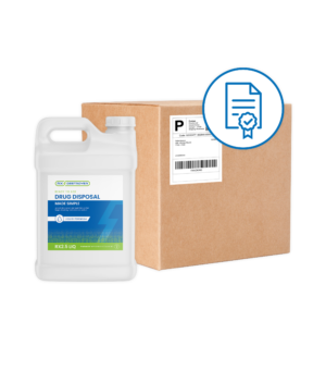 Rx Destroyer liquid product container and cardboard mail-back package together.