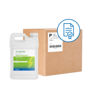 Rx Destroyer drug disposal jug in cardboard box with incineration mail-back program label