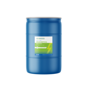 Blue Rx Destroyer 30 gallon container with green label