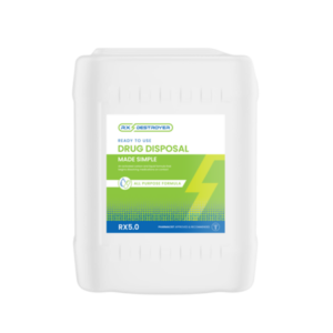 White 5-gallon plastic bucket with green Rx Destroyer label for all-purpose drug disposal formula