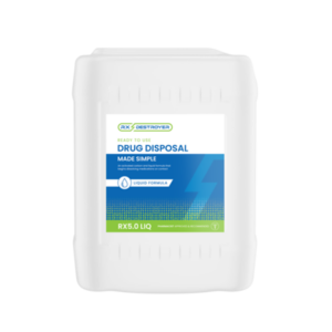 Rx Destroyer 5-gallon liquid drug disposal product in white container