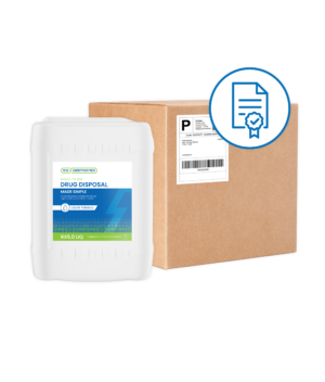 Rx Destroyer 5-gallon liquid container with mail-back certification label and cardboard box packaging