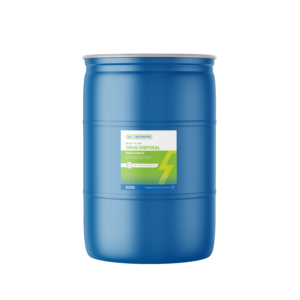Blue plastic 55-gallon drum with green and white Rx Destroyer label