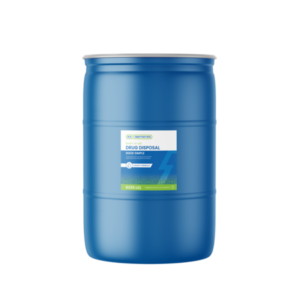 Blue 30-gallon plastic drum with Rx Destroyer green label for liquid drug disposal