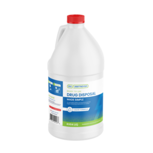 Rx Destroyer drug disposal liquid product in white jug with red cap and blue label.