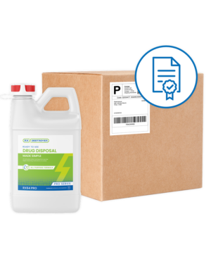 White 5-gallon container with Rx Destroyer green label Ready to Use Drug Disposal