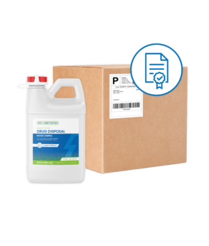 White jug with blue-green liquid and Rx Destroyer label with mail-back program certification and cardboard box