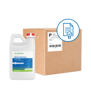 Rx Destroyer drug disposal liquid product with certification mail-back program