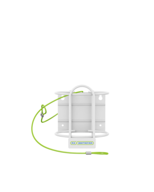 White wall mount bracket with handle, green cable, and Rx Destroyer base for securing 64-ounce bottle