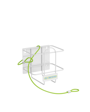 Rx Destroyer wall-mounted bracket with green security cable attached for 64-ounce bottle