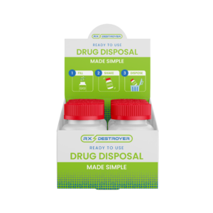 Two Rx Destroyer ready-to-use 4-ounce containers, green and blue, showing fill-shake-dispose instructions