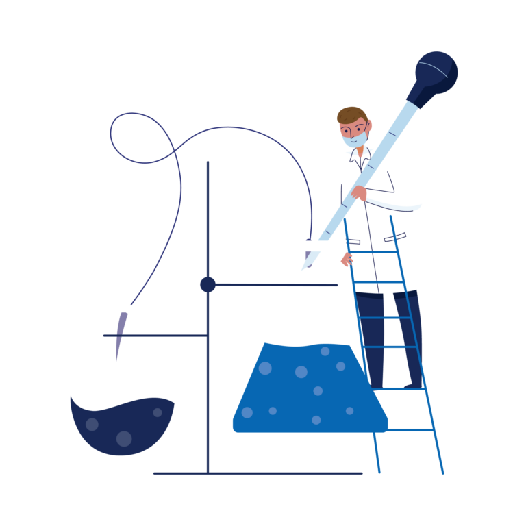 Illustration of scientist in lab coat with bubbling flask chemistry setup