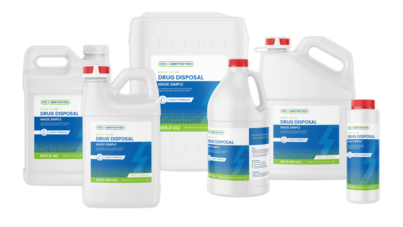 Collection of Rx Destroyer drug disposal bottles and containers in different sizes.