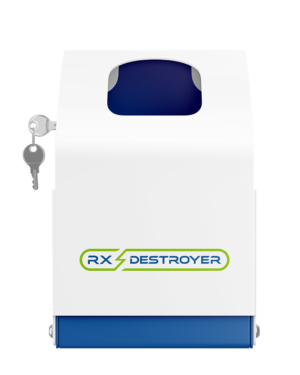 Rx Destroyer 64-ounce Pro Series lock box with key, navy blue interior