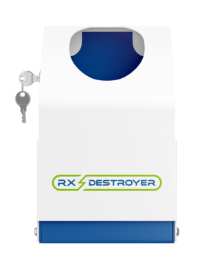 Rx Destroyer 64-ounce Pro Series lock box with key and blue interior bottle mount