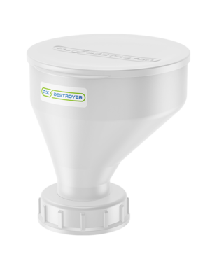 Rx Destroyer 32-ounce white funnel with screw-on lid