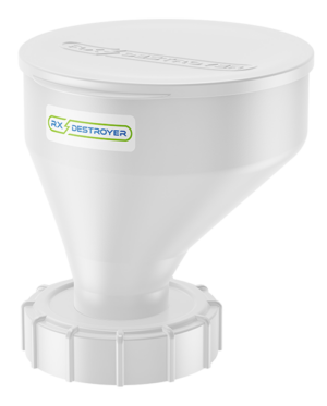 Rx Destroyer 32 ounce funnel with white lid on black background