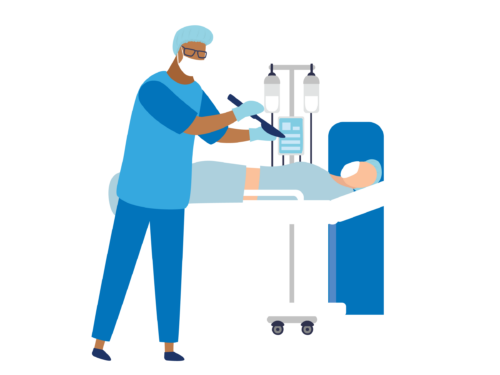 Illustration of healthcare worker in mask with IV stand and patient in hospital bed