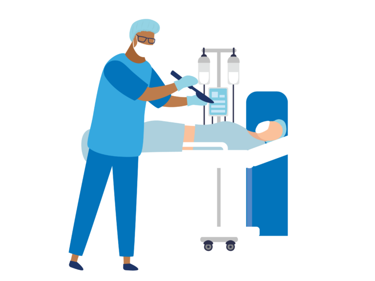 Illustration of healthcare worker in mask with IV stand and patient in hospital bed