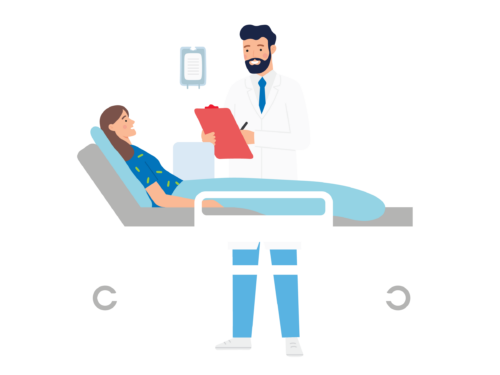 Male physician with clipboard and patient on hospital bed illustration