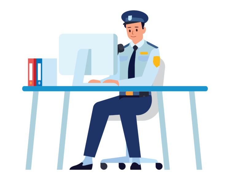 Illustration of police officer at desk with computer and files
