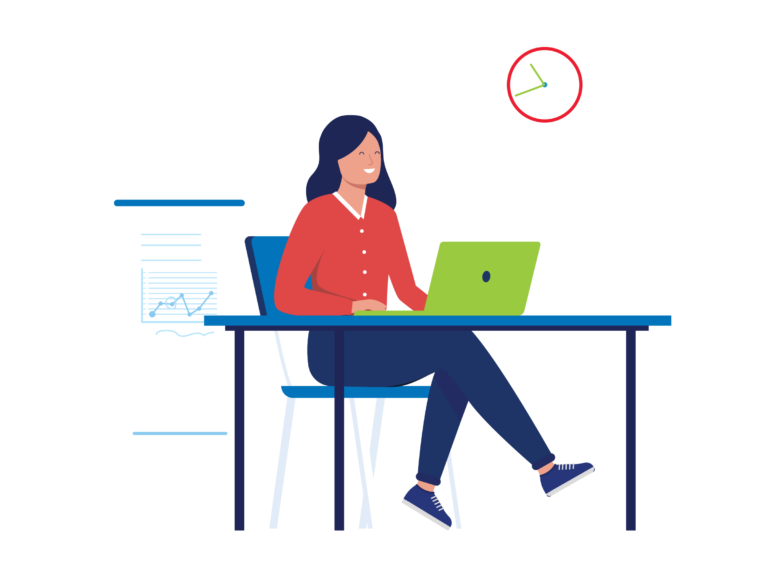 Woman at desk with laptop and clock icon representing business efficiency