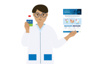 Pharmacist holding drug disposal bottle and medication management document
