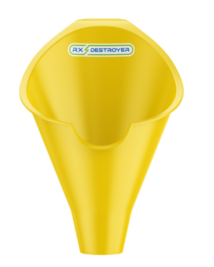 Yellow conical funnel with Rx Destroyer branding for filling drug disposal bottles