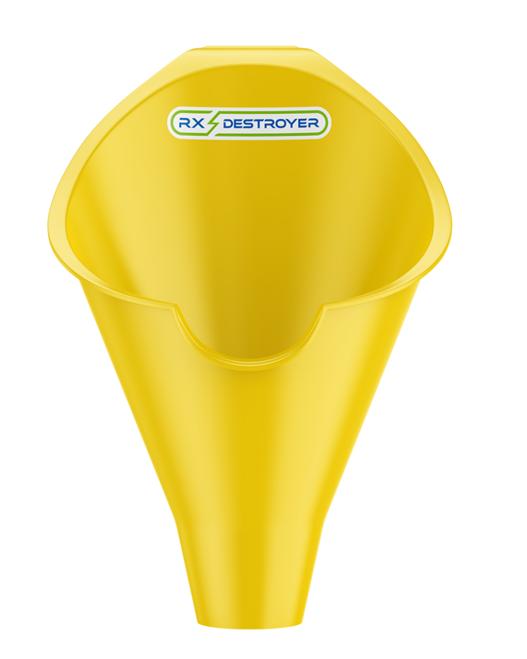 Yellow conical funnel with Rx Destroyer branding for filling drug disposal bottles