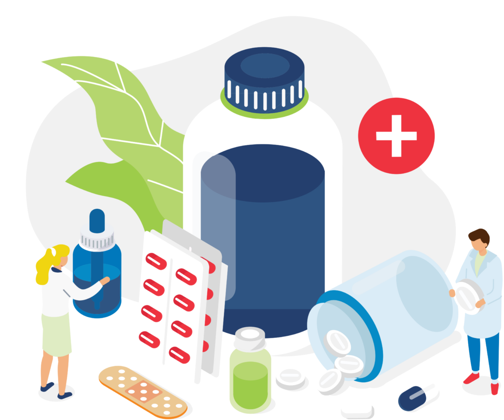 Illustration showing medications, pills, health care cross symbol, and botanical leaves