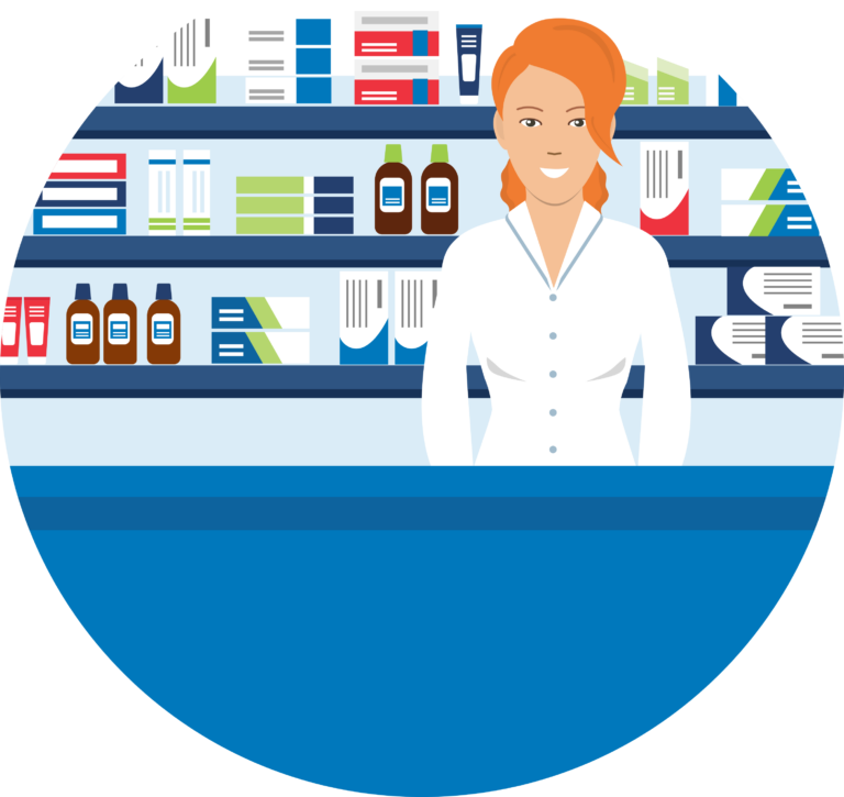 Female pharmacist at medication shelf with prescription pad in circular illustration