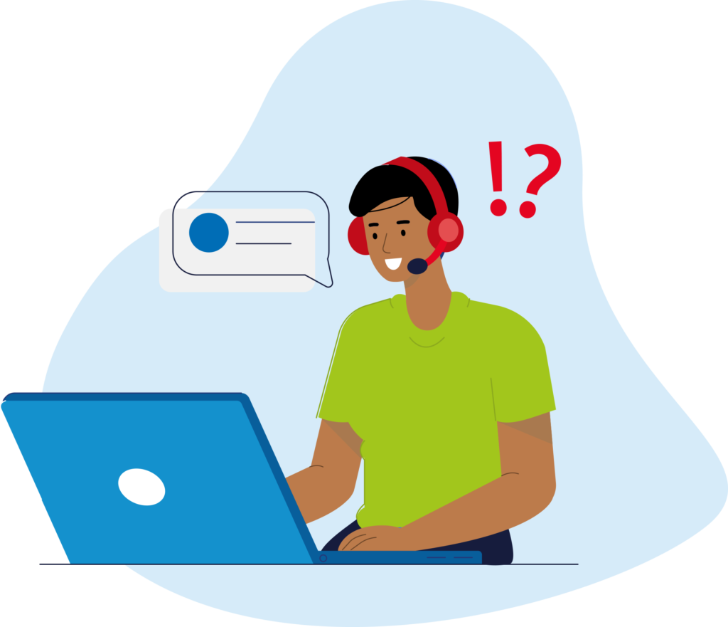 Illustration of person with headset at laptop experiencing difficulty or confusion