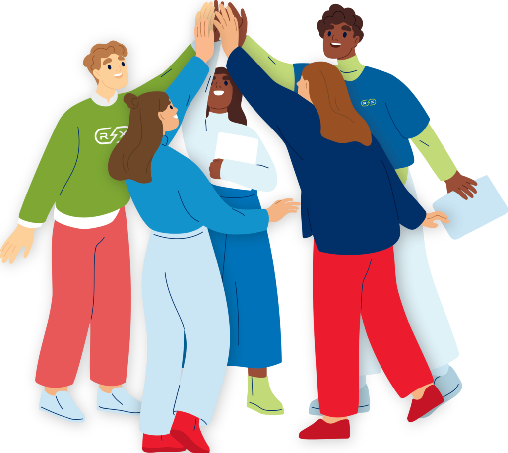 Diverse group in Rx Destroyer branded apparel with raised hands in unity