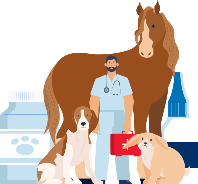 Veterinarian with horse, dog, and pharmacist holding Rx Destroyer products