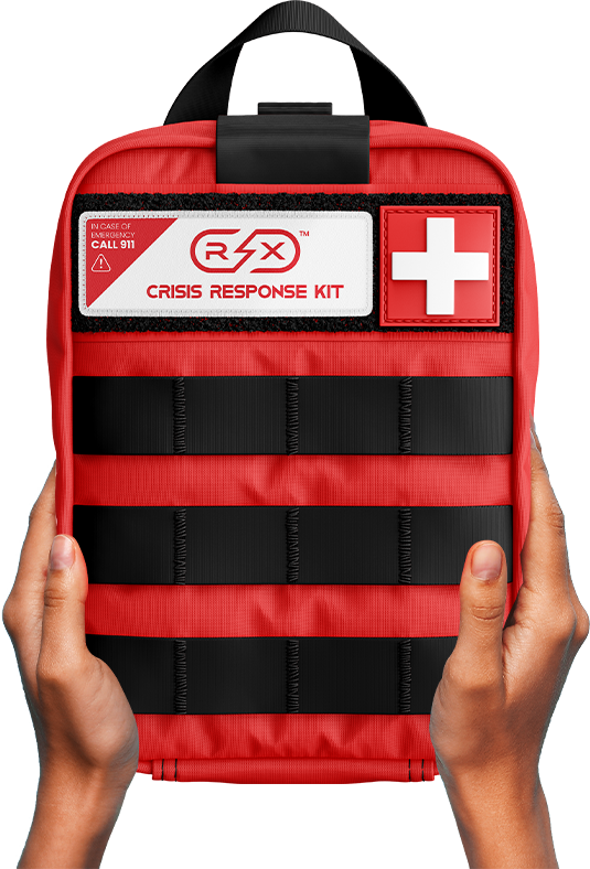 Rx Destroyer crisis response kit with red nylon exterior and white cross