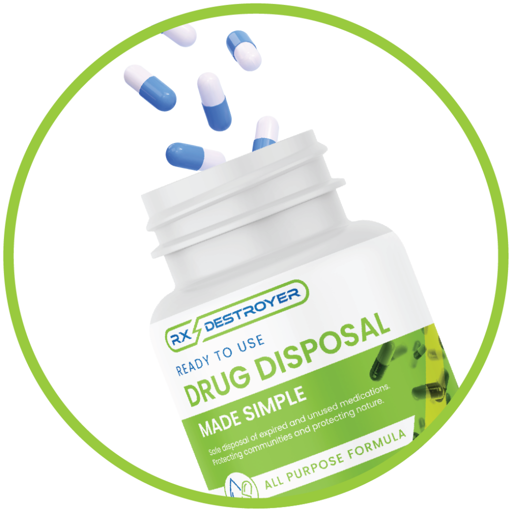 Rx Destroyer home use product bottle with pills floating above for households.