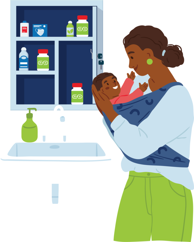 Woman with child holding medicine bottle by bathroom cabinet