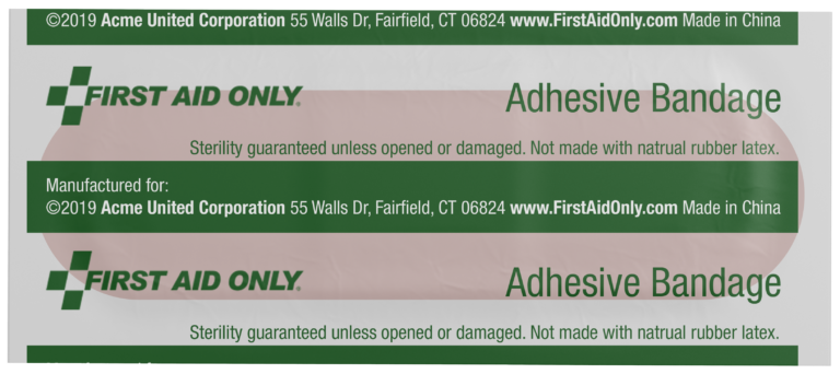 Two adhesive bandages or band aids labeled First Aid Only