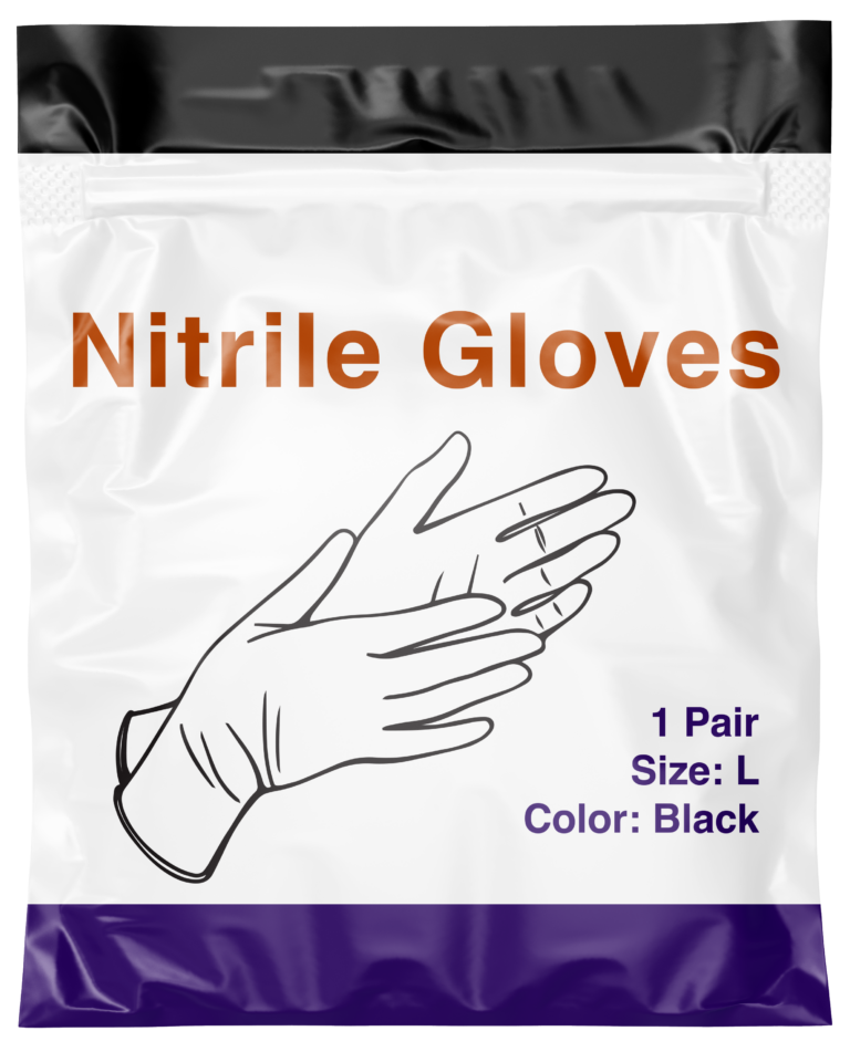 Nitirile Gloves packaging showing black large size pair with hand illustration