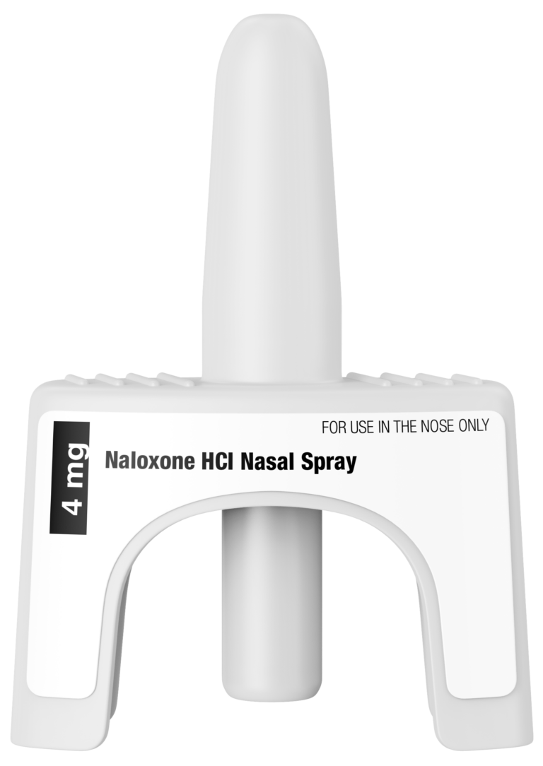 Naloxone HCl nasal spray 4mg with applicator in palm
