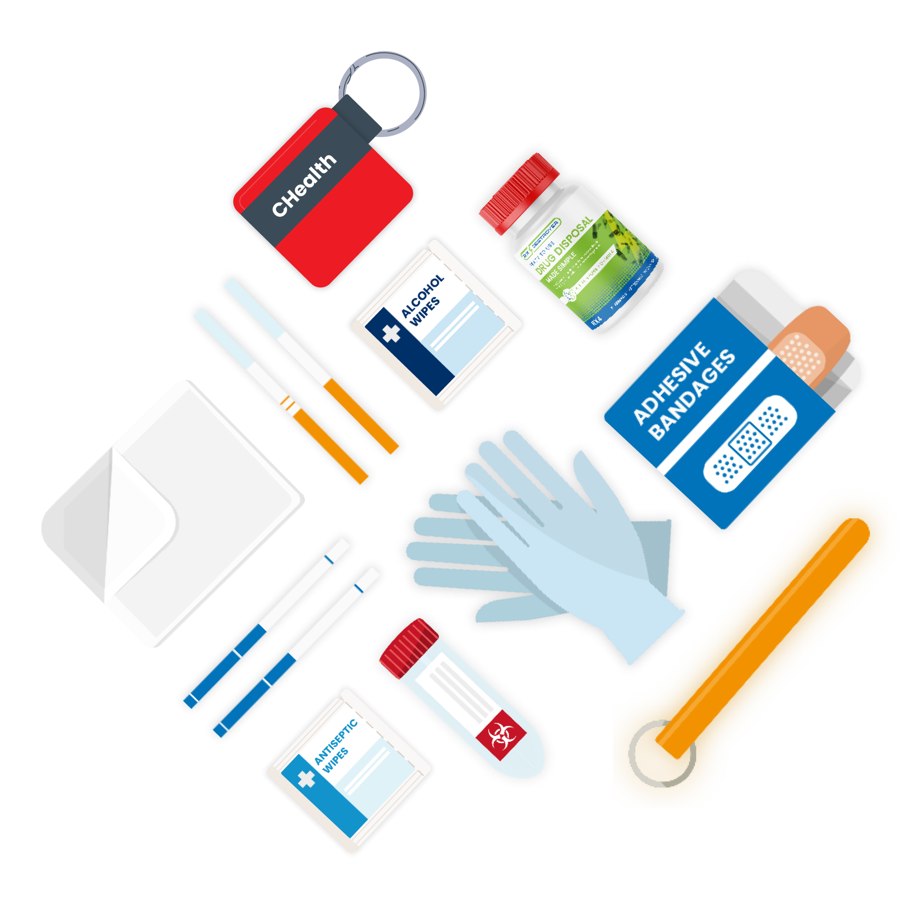 Crisis response kit supplies icon with gloves, bandages, medications and first aid items