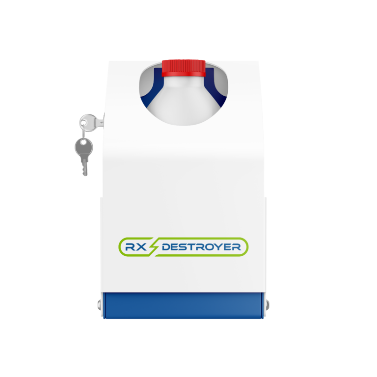 Rx Destroyer bottle mount with red cap, blue handle straps, and lock key with security cable for hospital drug disposal