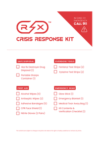 Rx Destroyer Crisis Response Kit information flyer showing contents and checklist items