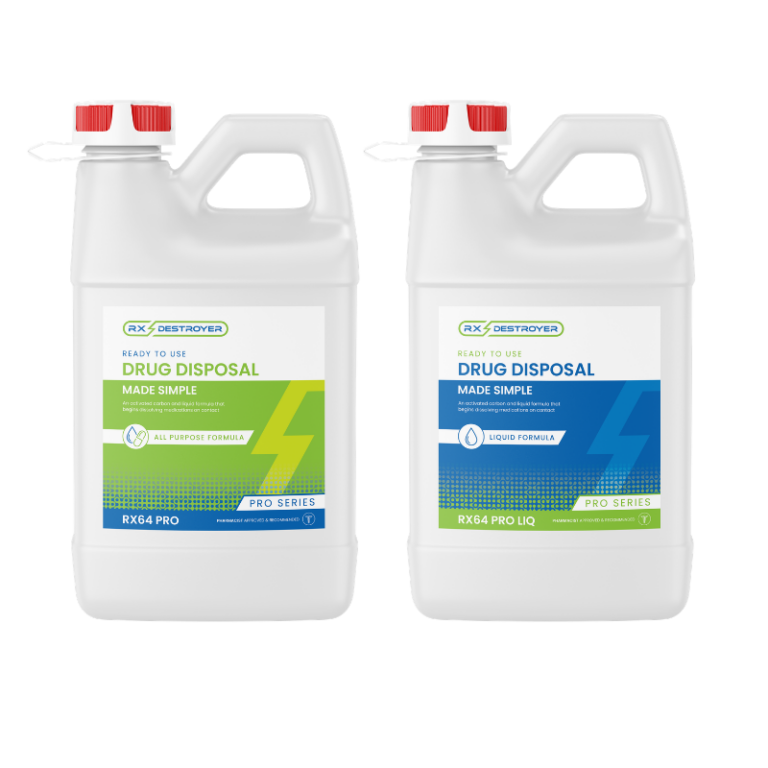 Two white Rx Destroyer Ready to Use containers with red caps showing fill, shake, dispose instructions