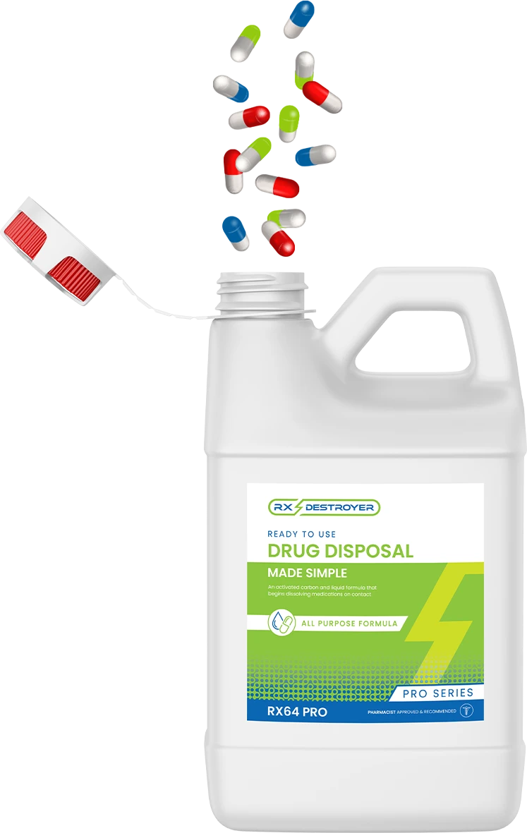 Colorful medication capsules and pills over Rx Destroyer disposal bottle